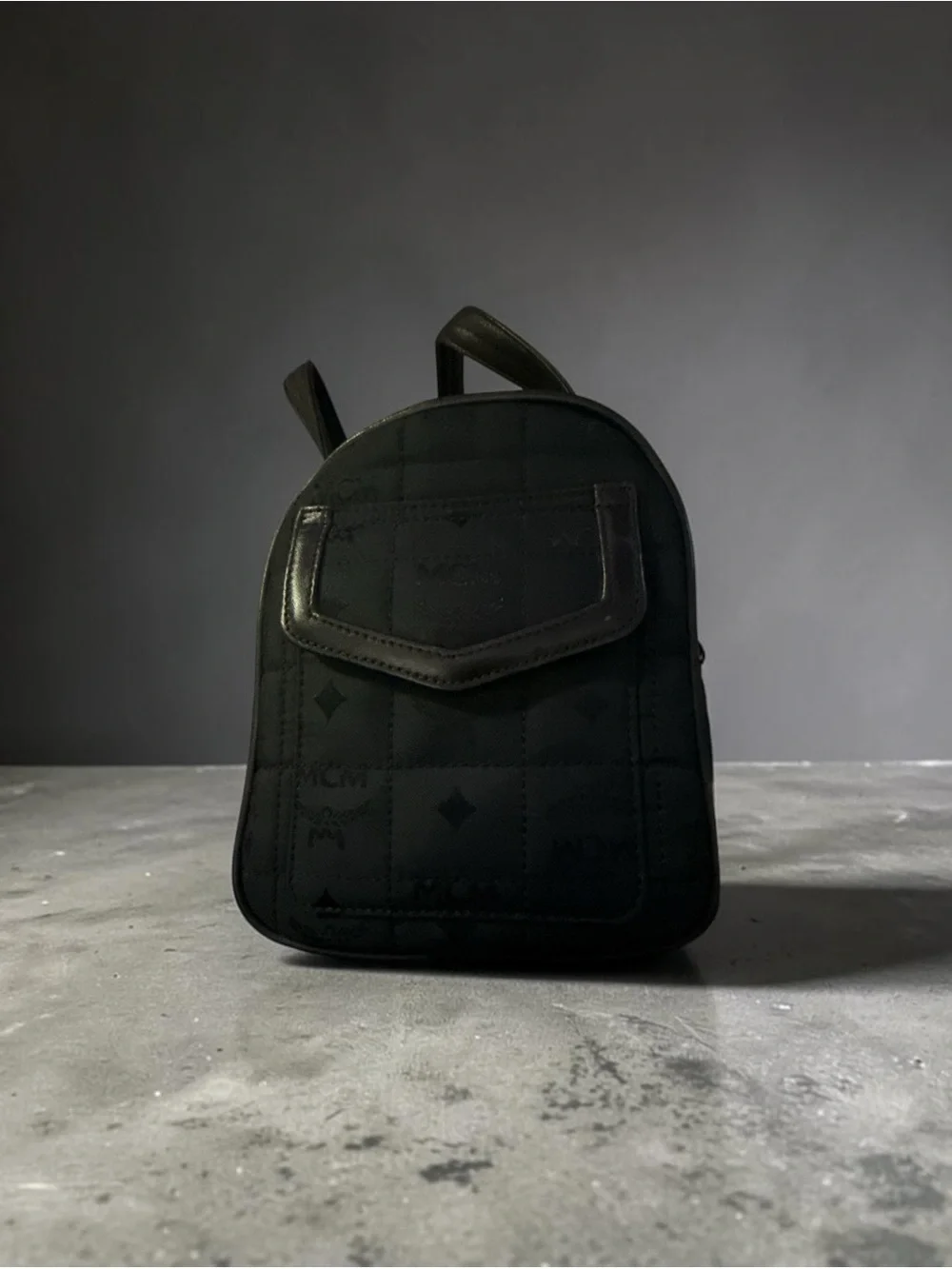 MCM Black Nylon Quilted Logo Satchel with Leather Top Handles and Side Pockets